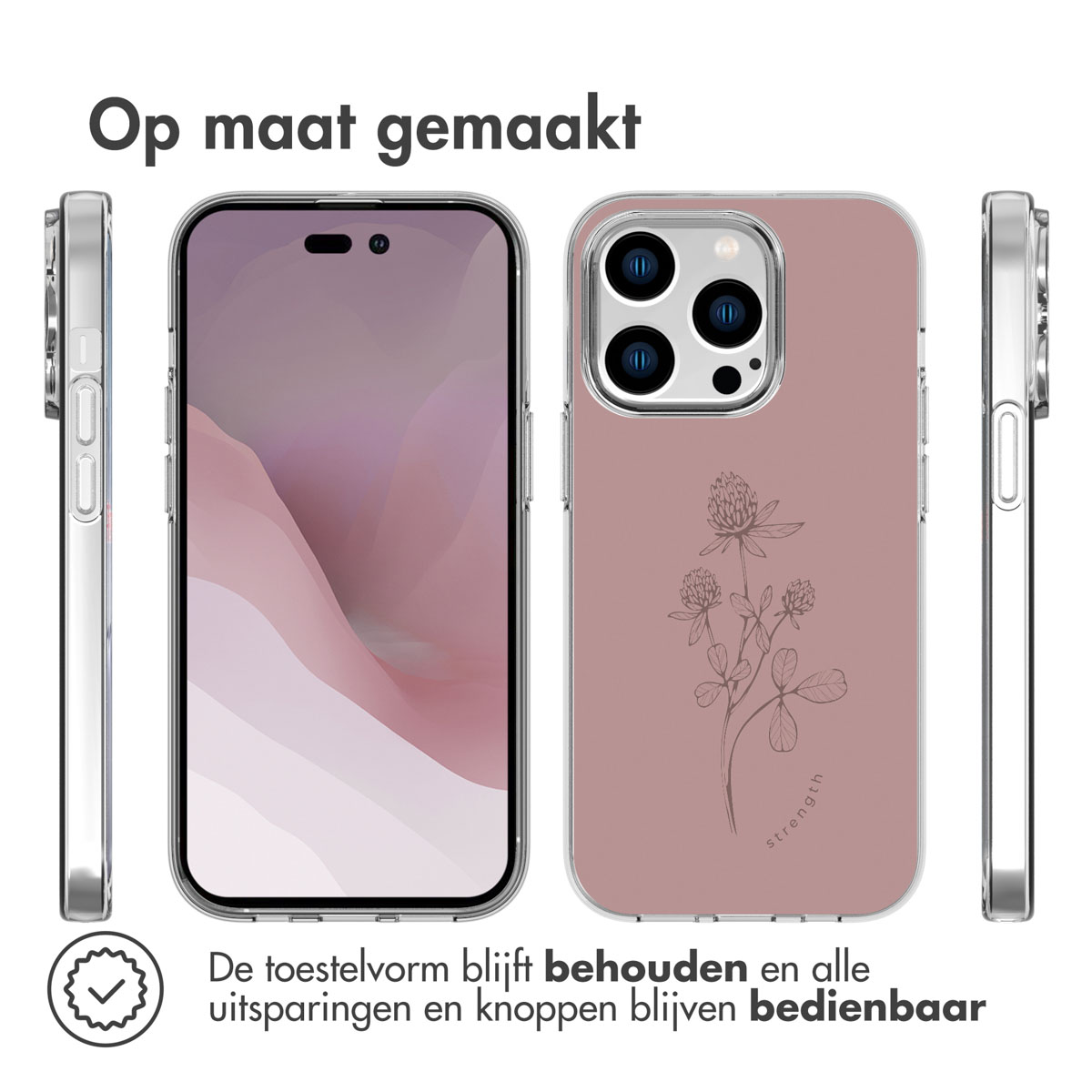 Telefono con custodia trasparente e design floreale rosa. Testo: Fatto su misura. Mantiene forma e pulsanti.