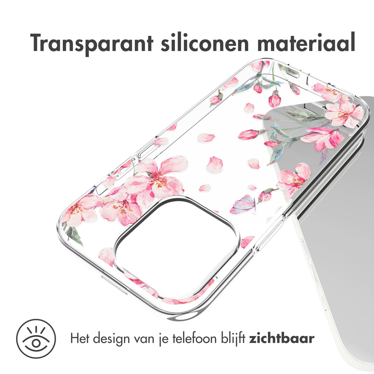 Custodia trasparente con design floreale rosa. Il design del telefono rimane visibile. La custodia è trasparente.