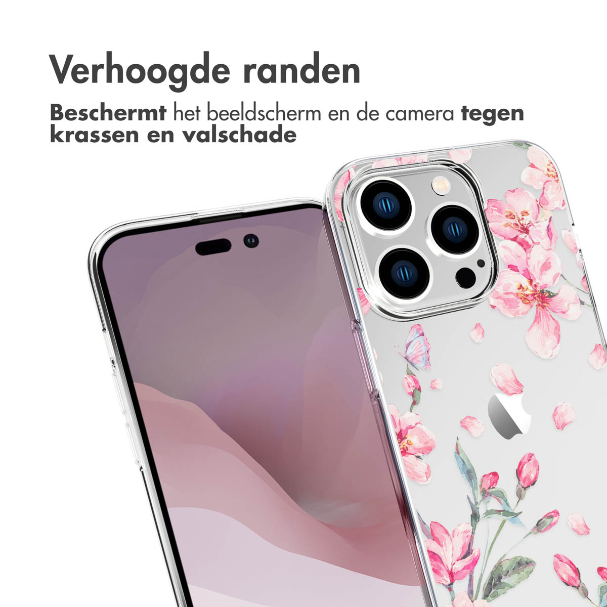 Custodia trasparente con design floreale rosa. Telefono e protezione schermo. Sfondo bianco.