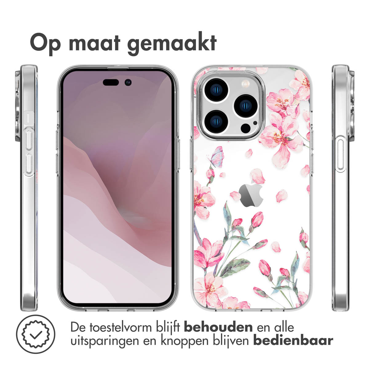 Telefono e custodia trasparente con design floreale rosa. Testo: La forma rimane e tutte le aperture rimangono.