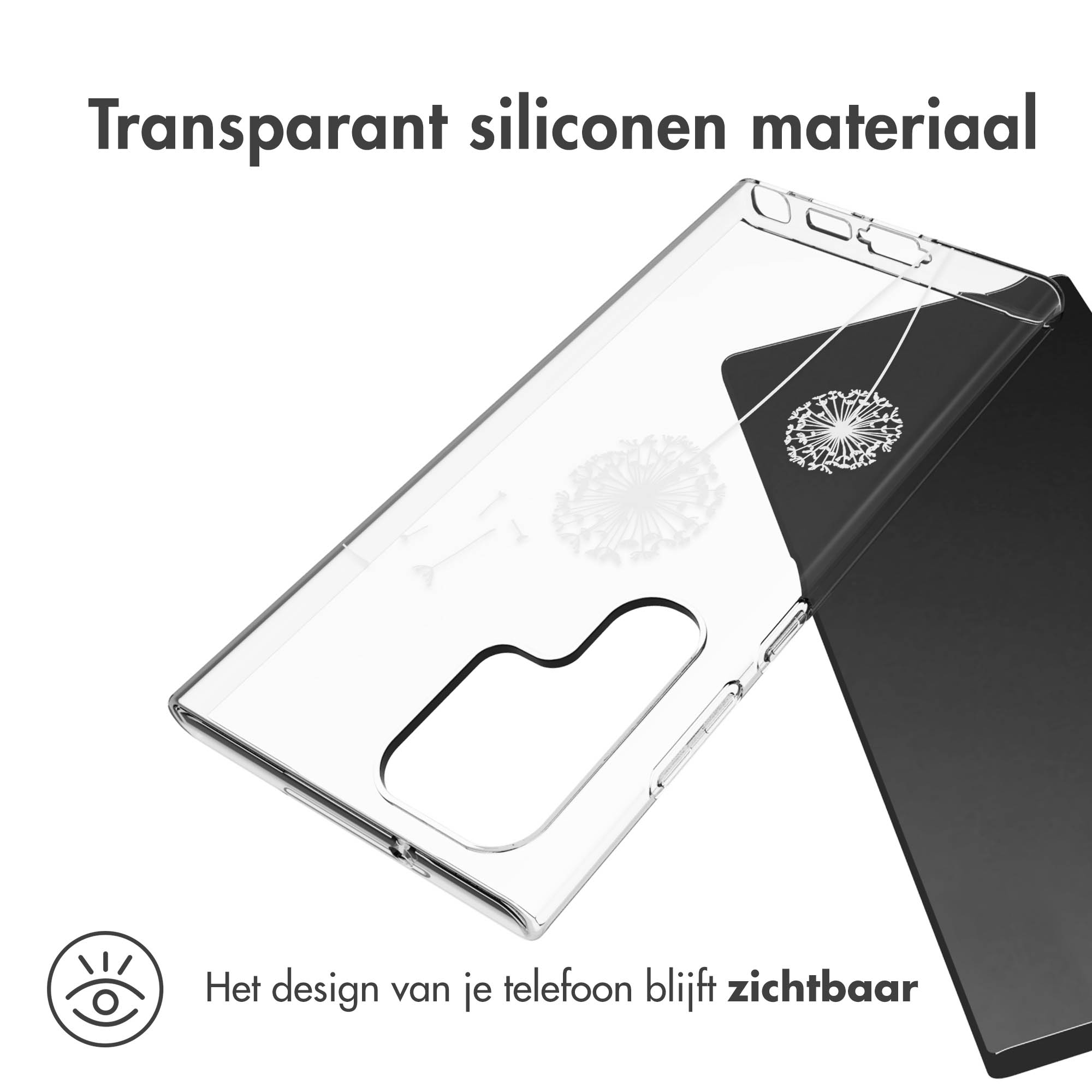 Transparente Handyhülle mit Pusteblumen-Design und einem schwarzen Telefon.