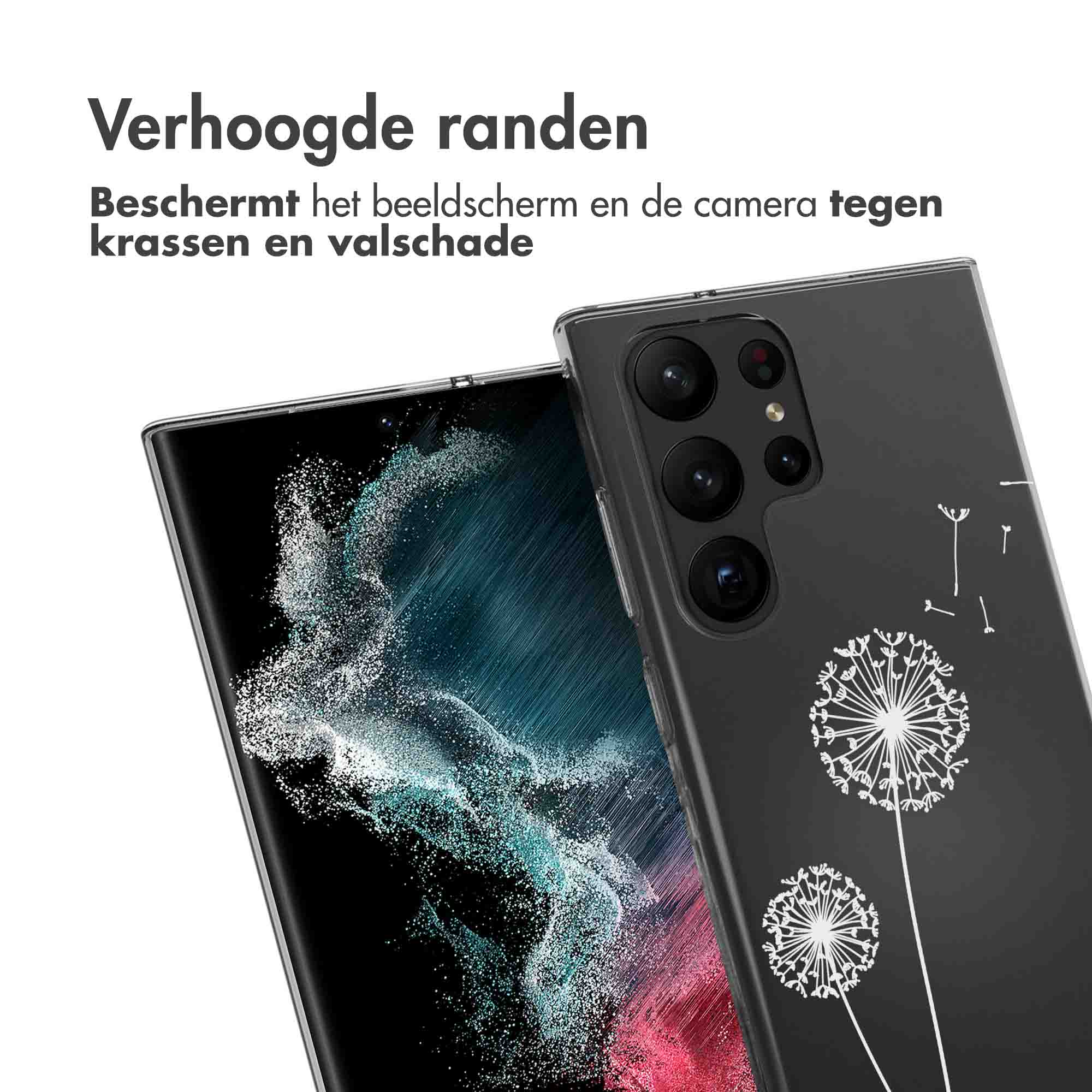 Schwarze Handyhülle mit Pusteblumen. Ein Telefonbildschirm ist mit verschwommenem Hintergrund sichtbar.