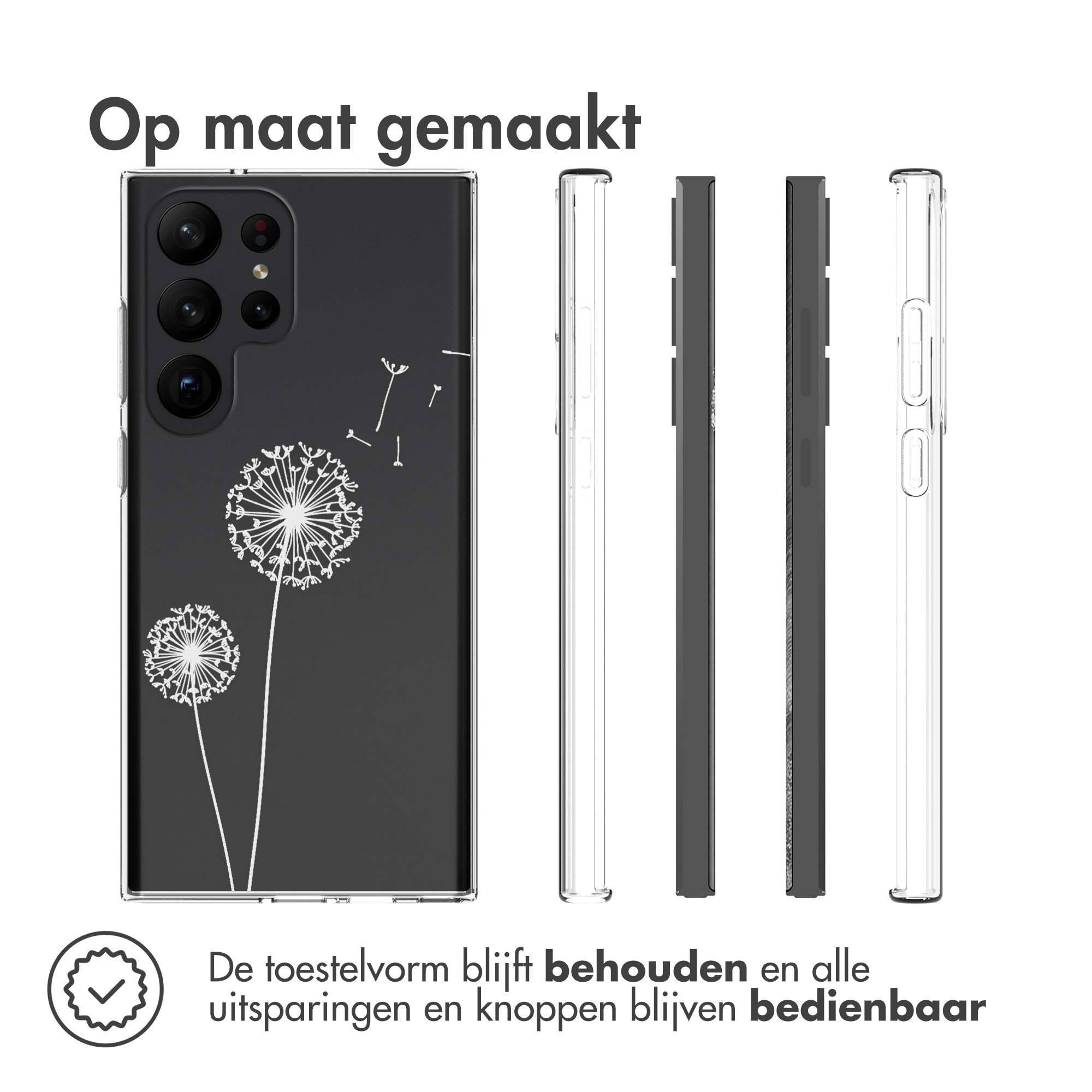 Schwarze Handyhülle mit Löwenzahnmuster. Die Handyhülle befindet sich neben drei weiteren Hüllen.