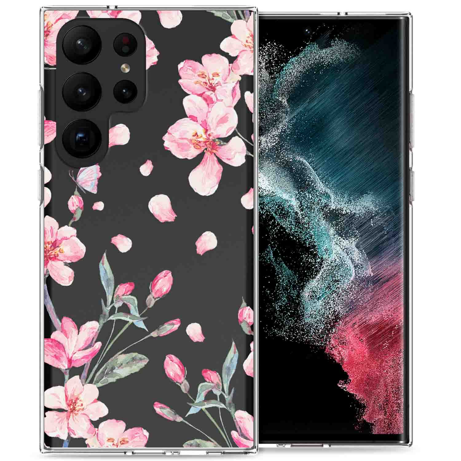 Handyhülle: schwarzer Hintergrund, rosa Blüten und Blütenblätter. Telefon rechts.