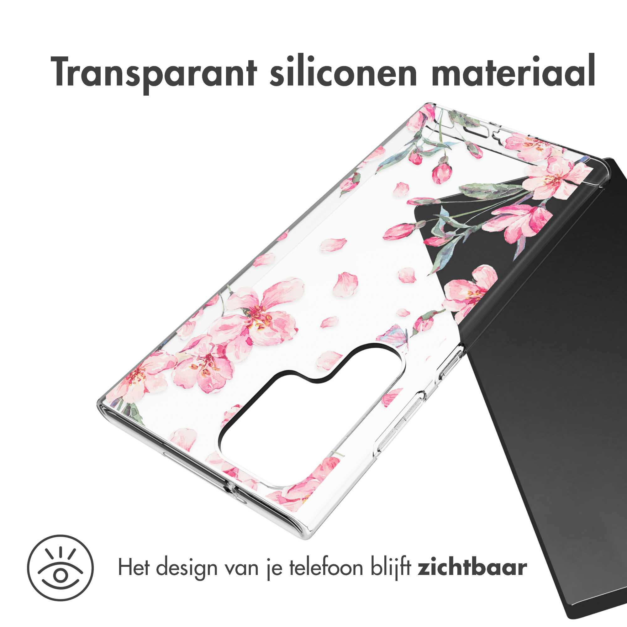 Transparente Handyhülle mit rosa Blumenmuster. Telefon teilweise sichtbar. Text: Transparentes Silikonmaterial.