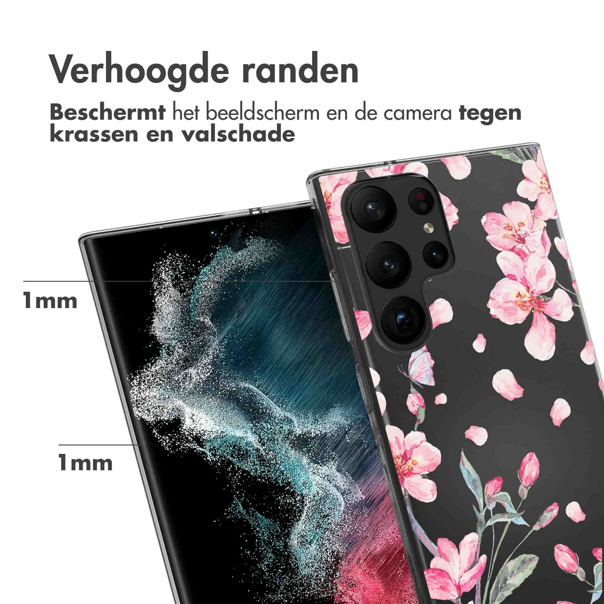 Telefon mit floralem Gehäuse. Das Gehäuse hat rosa Blumen auf Schwarz. Der Bildschirm zeigt ein galaxieähnliches Muster.