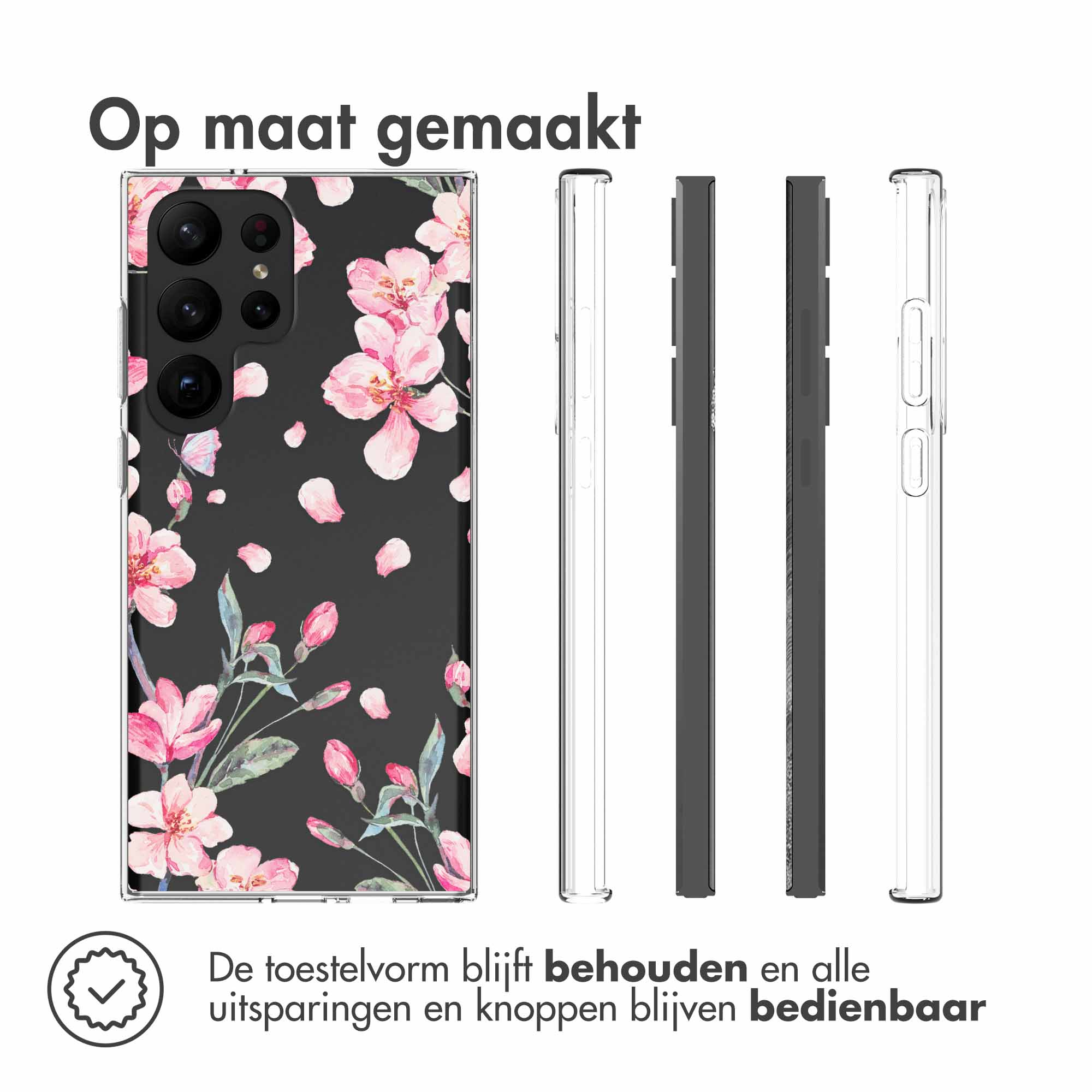 Schwarze Handyhülle mit rosa Blumen. Handyhülle mit mehreren transparenten Umrissen.