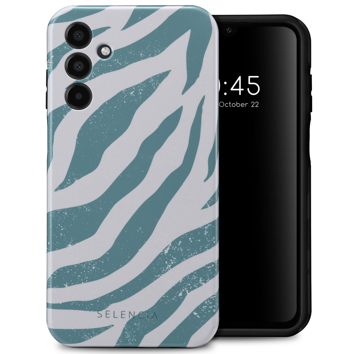 Telefoonhoesje met zebra strepen. Telefoon deels zichtbaar. Tekst: Selencia. Telefoon toont tijd en datum.