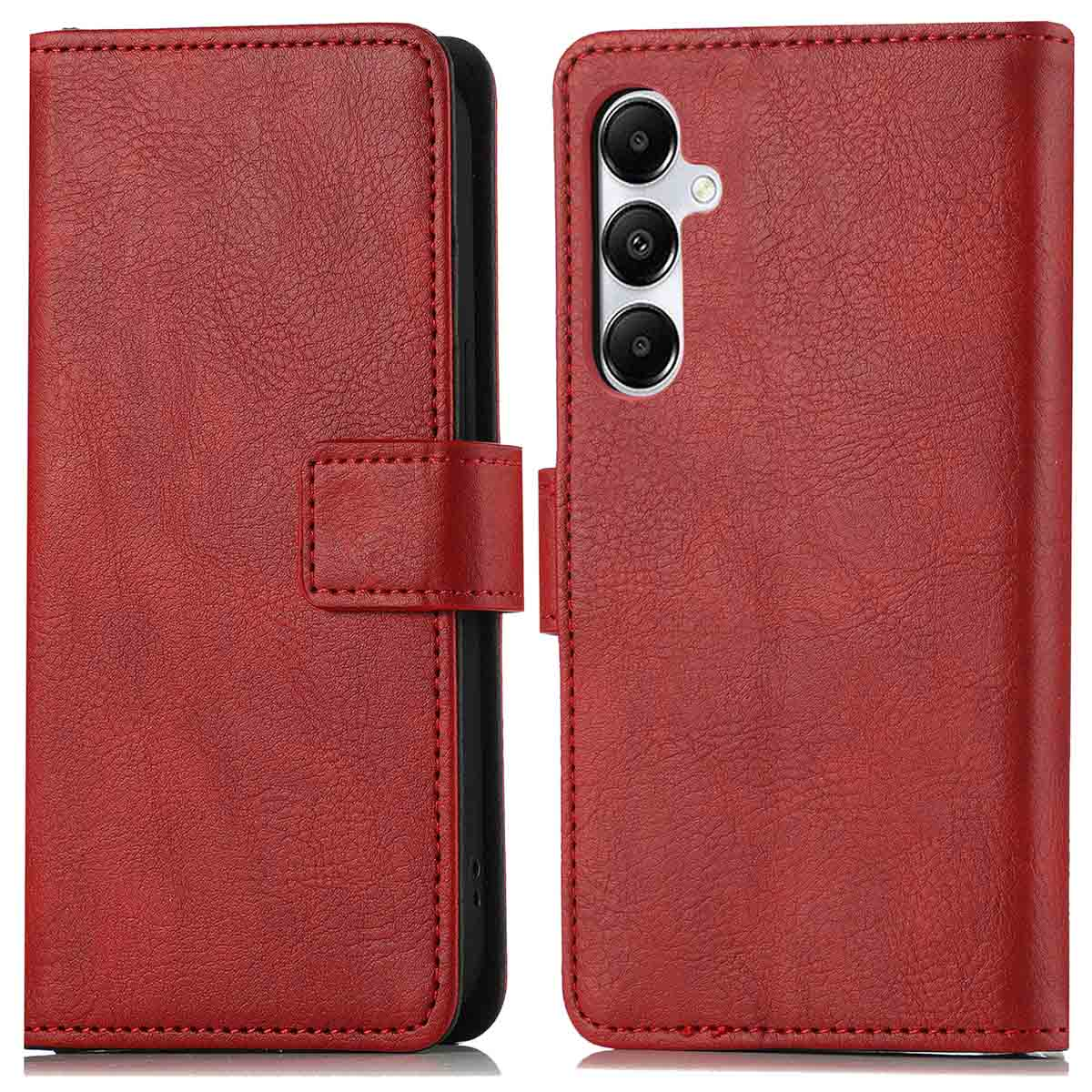 Étui de téléphone en cuir rouge avec un téléphone à l'intérieur. L'étui est ouvert, montrant le téléphone. Fond blanc.