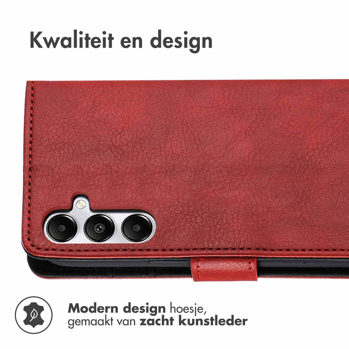 Coque de téléphone rouge avec appareil photo et couvercle. Texte : Design moderne, en similicuir souple.