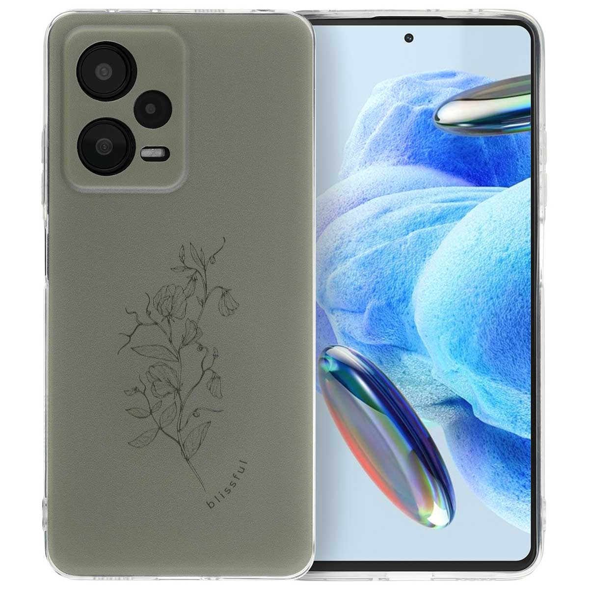 Telefoonhoesje met bloemenschetst design op een grijze achtergrond. Telefoon erin.