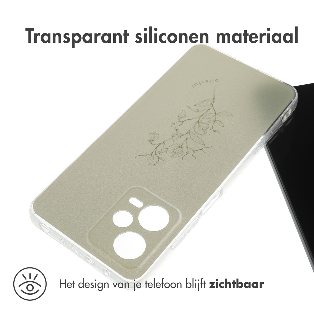 Transparant telefoonhoesje met bloemenontwerp. Een telefoon is gedeeltelijk zichtbaar.