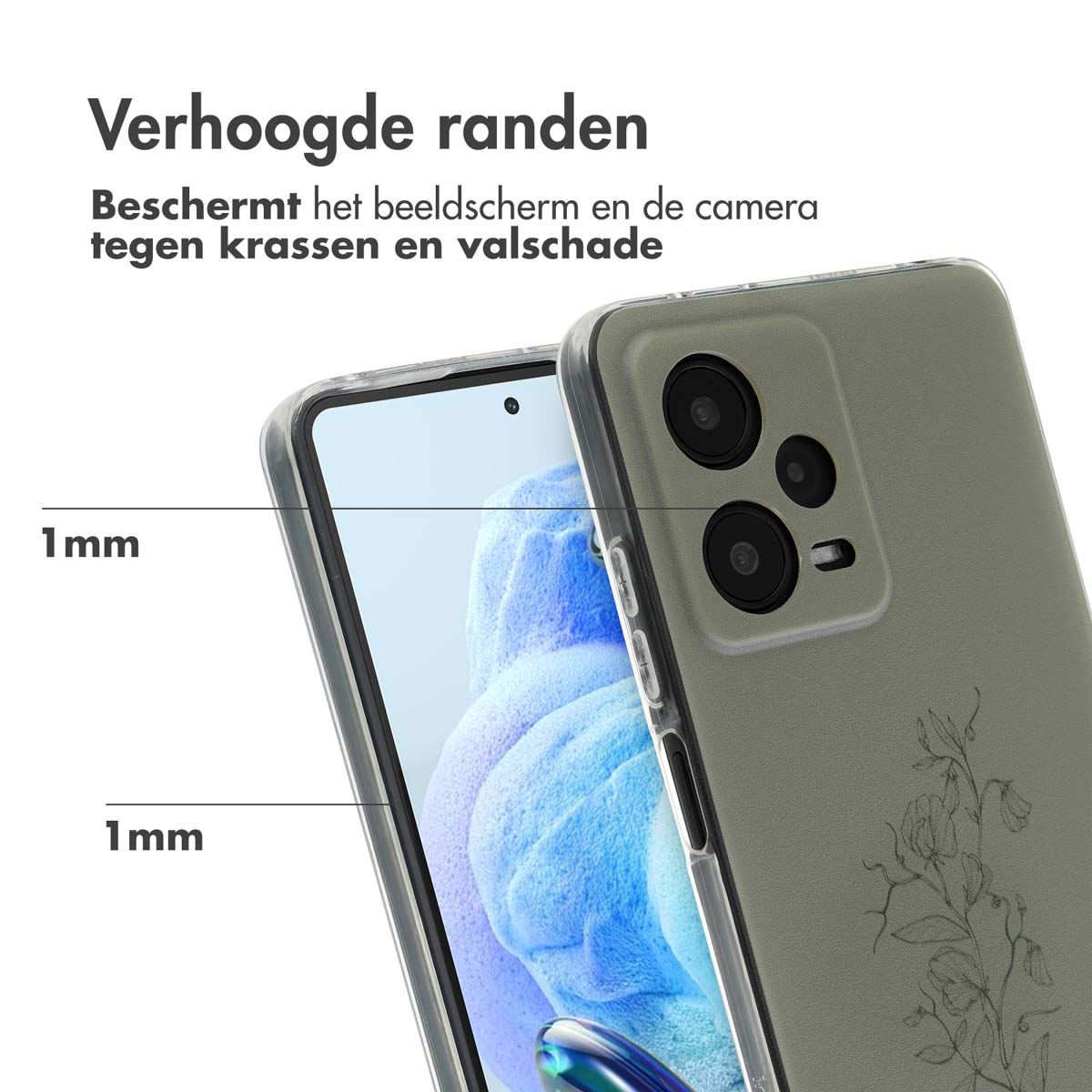 Telefoonhoes met bloemenontwerp. Scherm en camera zijn beschermd. Tekst: Verhoogde randen, 1mm.