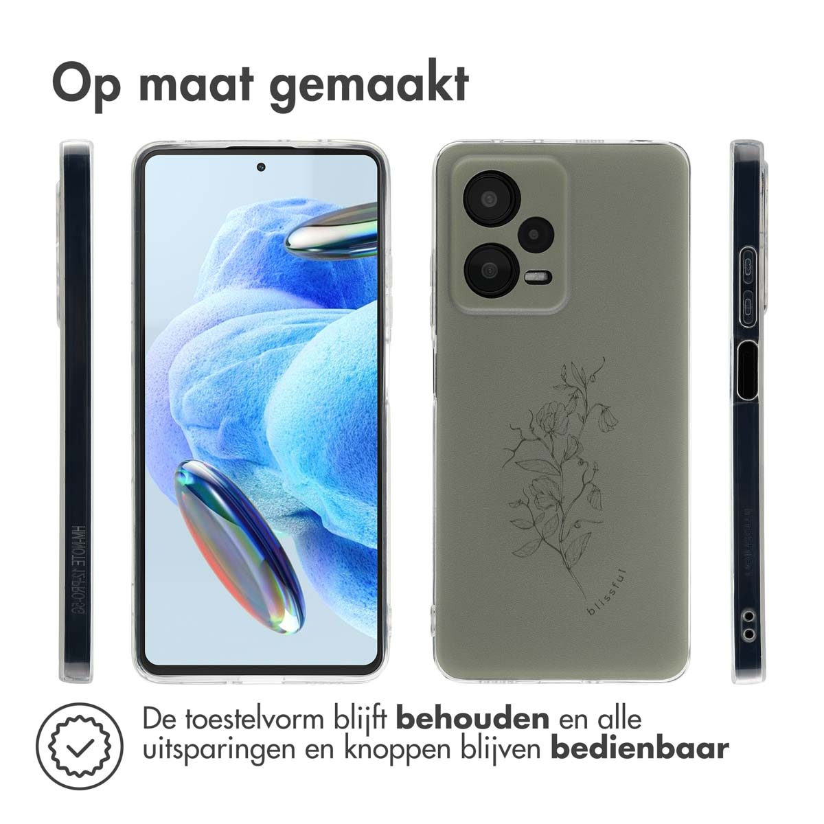 Telefoonhoesje met doorzichtige zijkanten en zwarte telefoon. De hoes is olijfgroen met bloemen.