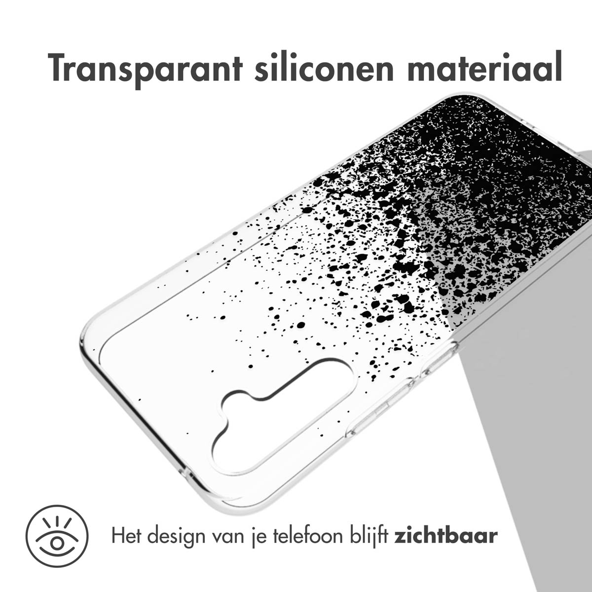 Transparante telefoonhoes met zwart verfspat-design. Tekst: Transparant siliconen materiaal. Design zichtbaar.