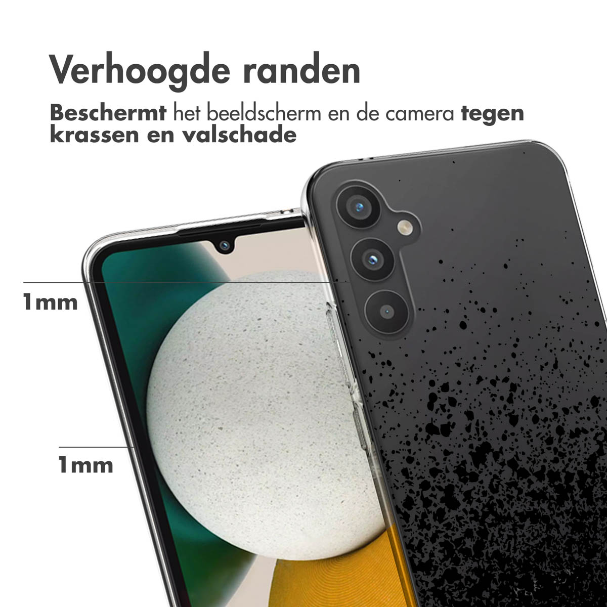 Close-up van telefoonhoesje, met een zwart stippenpatroon, met een telefoon.