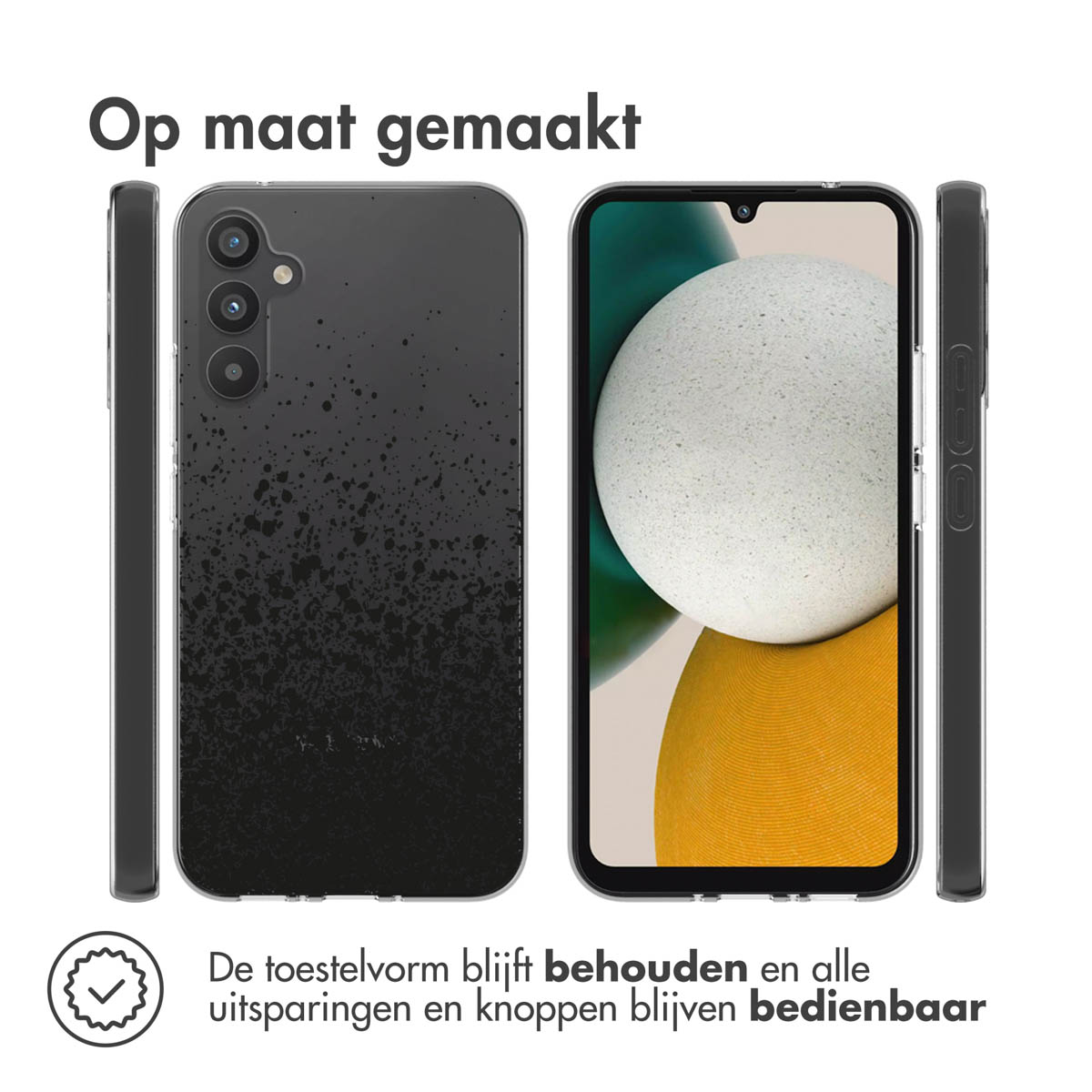 Drie aanzichten van een telefoon in een transparante hoes. De hoes is transparant met zwarte spikkels.