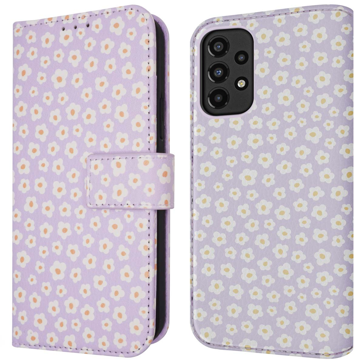 Lila Handyhülle mit weißen Blumen. Telefon rechts. Die Hülle ist im Brieftaschenstil faltbar.