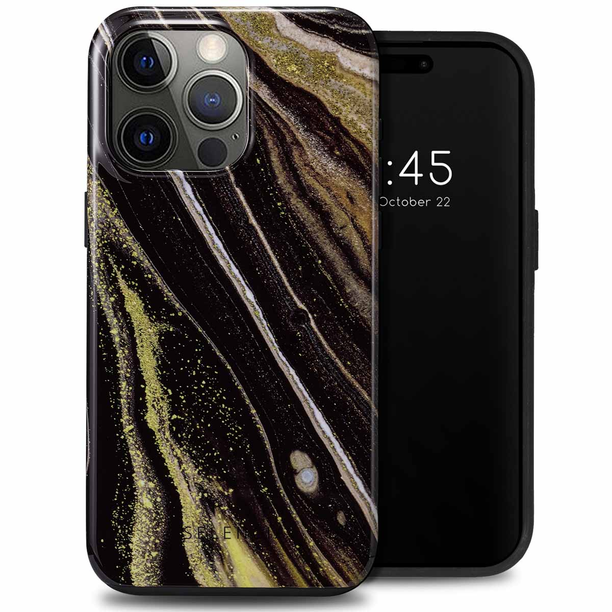 Coque de téléphone noire avec un motif marbré or et marron. Téléphone à droite. Texte : 1:45.