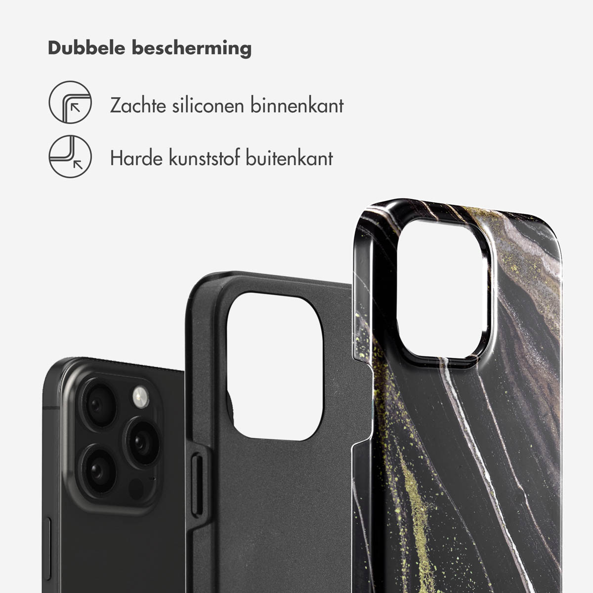 Coque de téléphone avec un design de marbre noir. La coque protège un téléphone. Intérieur souple, extérieur dur.