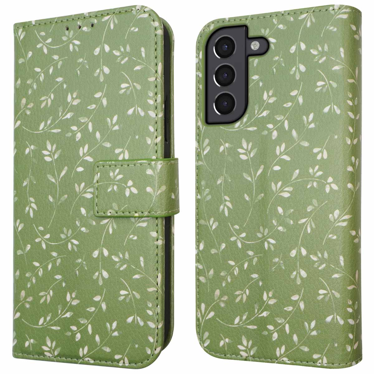 Groen telefoonhoesje met wit bloemenpatroon. De telefoon zit in de hoes. Een sluiting is zichtbaar.