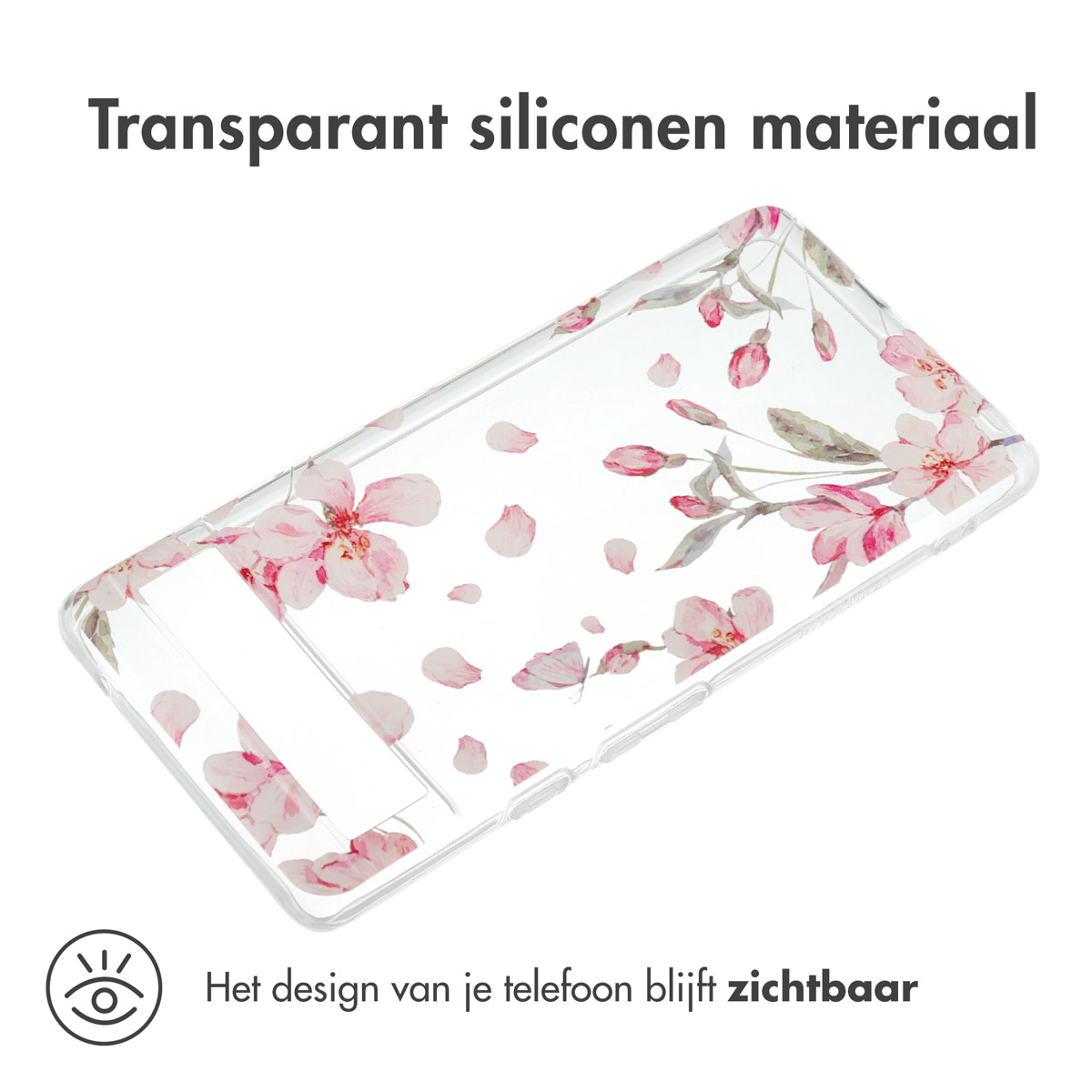 Transparante telefoonhoes met roze bloemen. De telefoon is zichtbaar. Achtergrond is wit.
