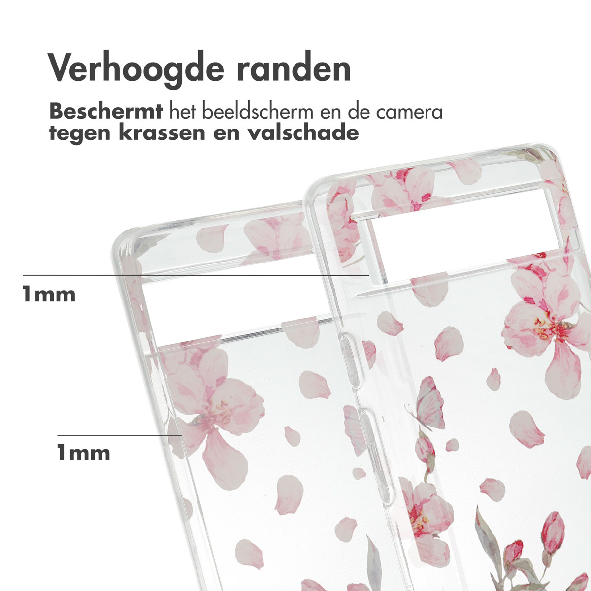 Telefoonhoesje met een bloemen design en verhoogde randen. De telefoon is zichtbaar met witte achtergrond.