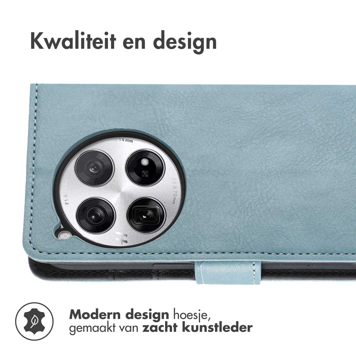 Custodia blu per telefono con dettaglio della fotocamera. È visibile un telefono con fotocamera circolare.