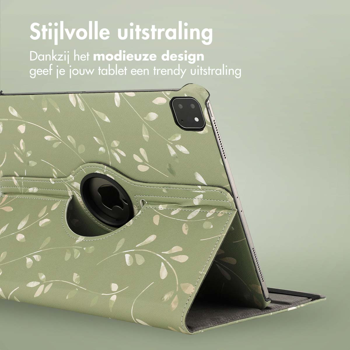 Green tablet case with leaves pattern, tilted. A tablet is in it.