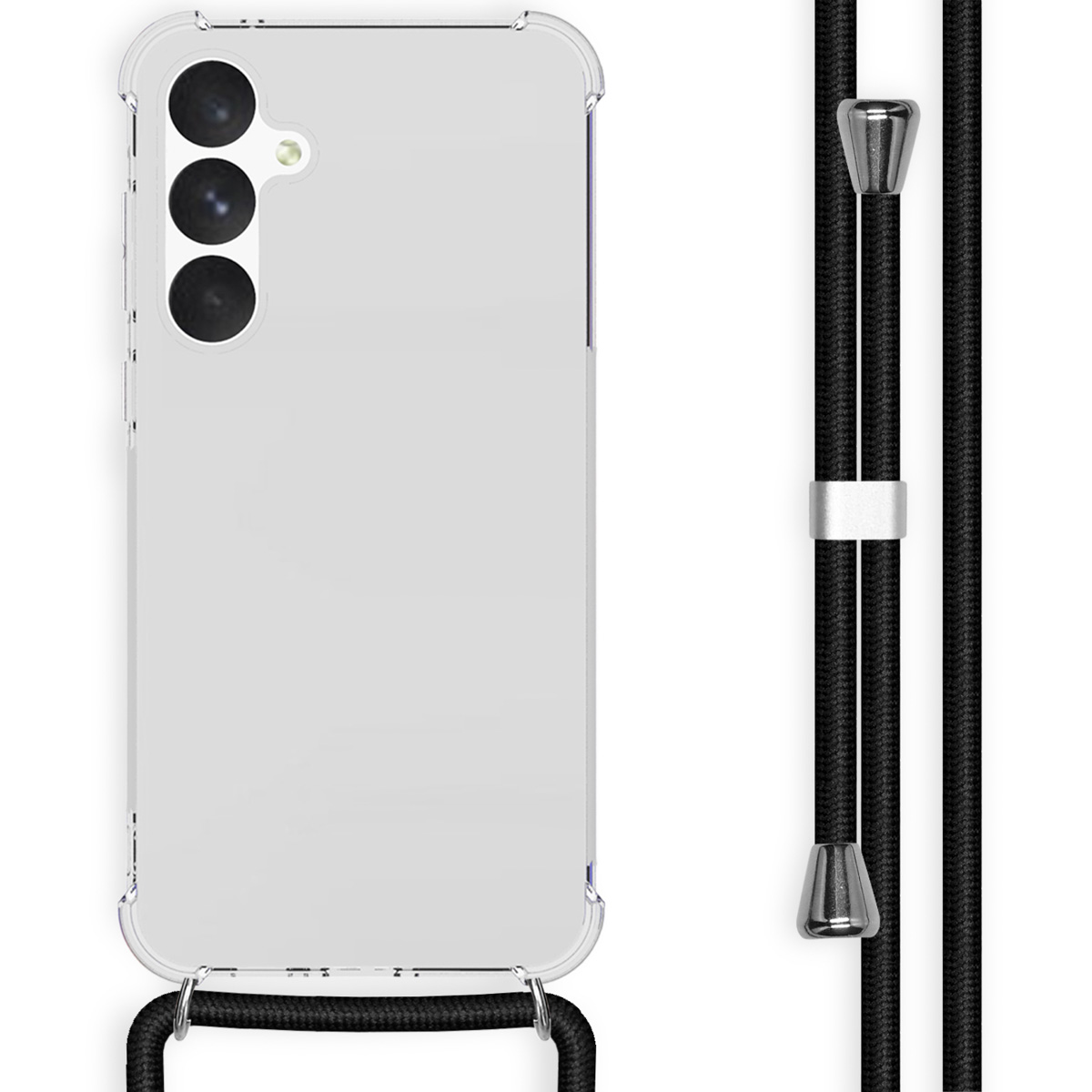 Coque transparente, cordon noir et détails argentés. Le téléphone est visible. Fond noir.