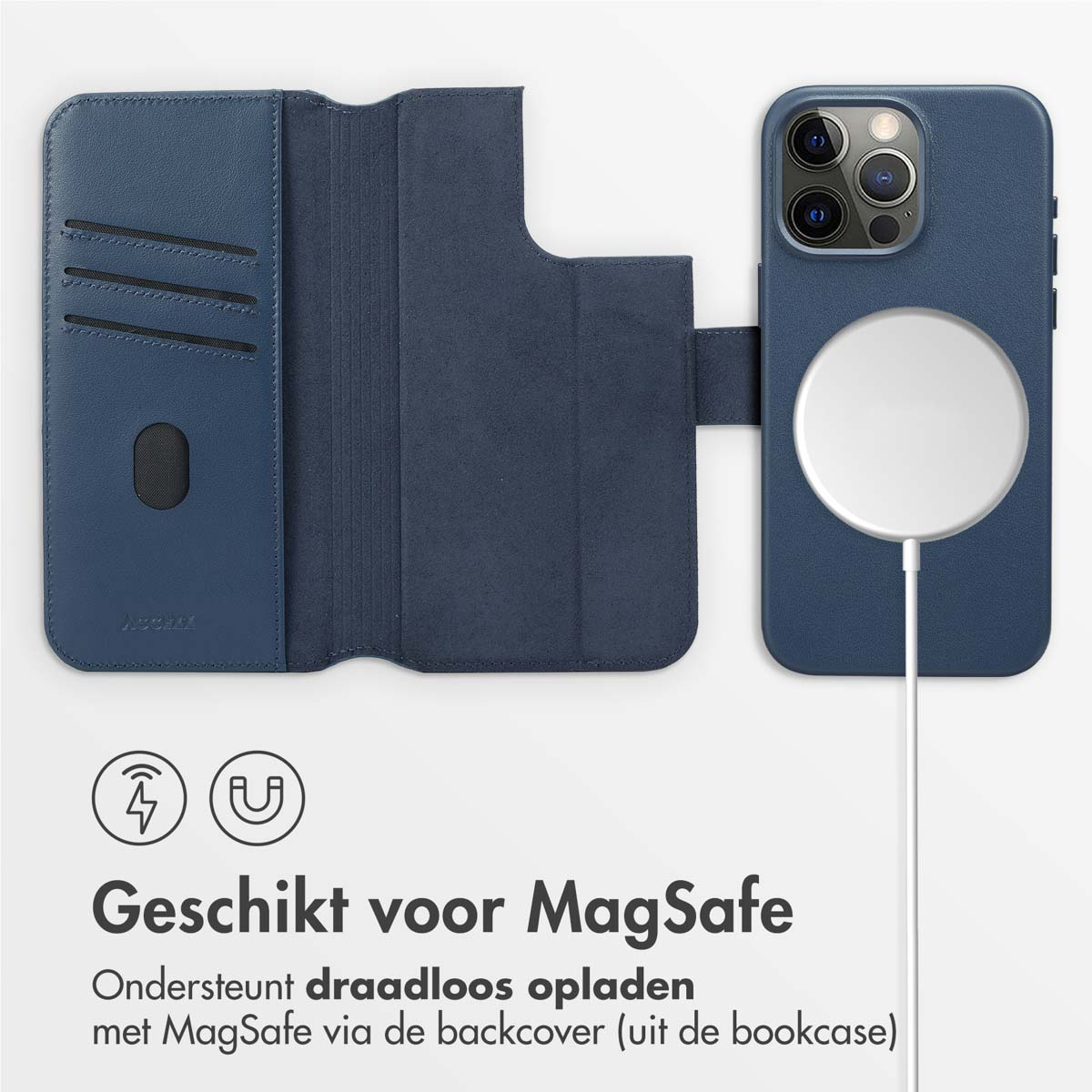 Custodia blu per telefono con telefono all'interno. La custodia ha ricarica magnetica.