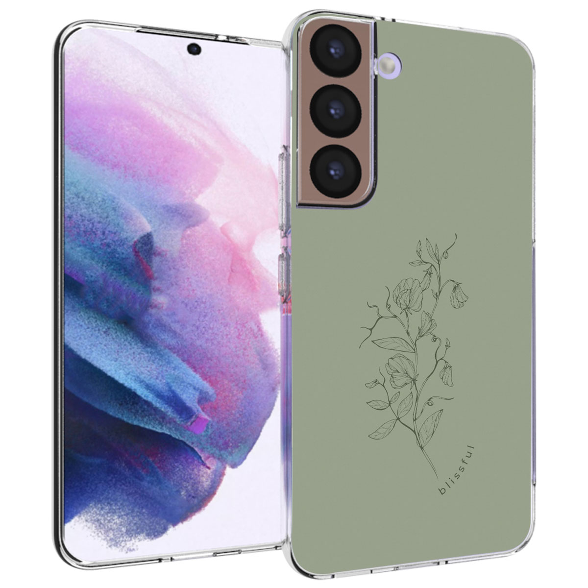 Custodia per telefono su un Samsung. La custodia è verde con un design floreale. Il telefono è trasparente.