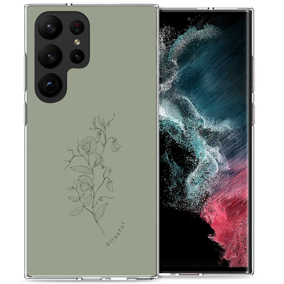 Grüne Handyhülle mit floralem Design. Das Telefon befindet sich in der Hülle. Der Bildschirm ist sichtbar.