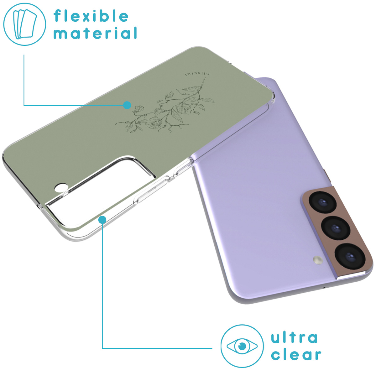 Telefono viola con custodia trasparente. La custodia ha un design floreale e si trova su una superficie bianca.