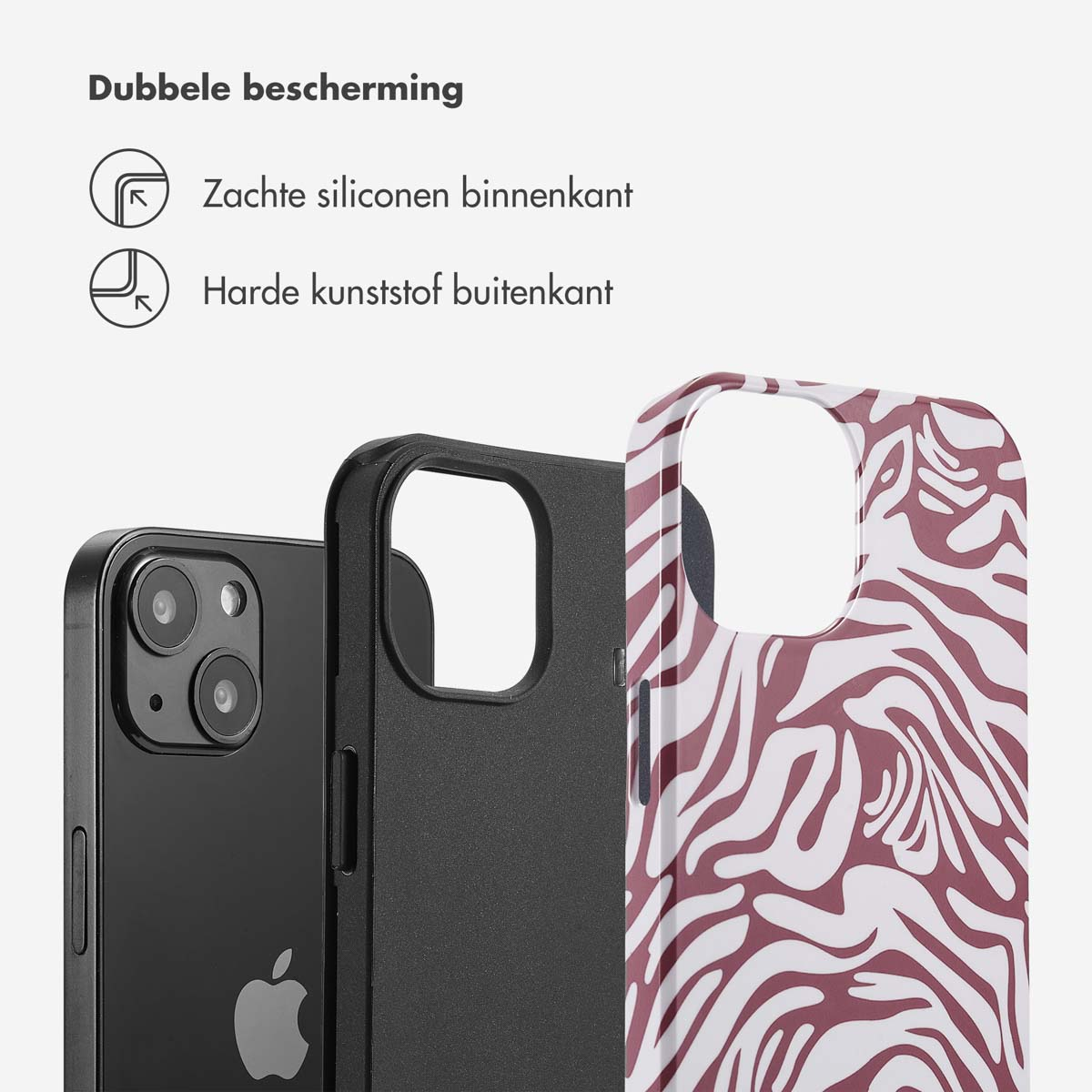 Nahaufnahme einer Handyhülle mit Zebramuster und einem schwarzen Telefon. Text ist auf Niederländisch vorhanden.