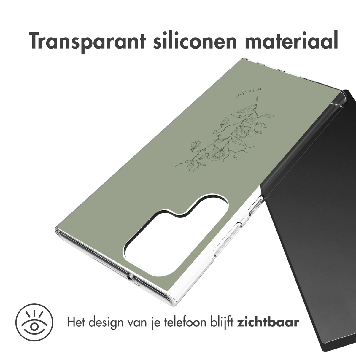 Grüne Handyhülle mit floralem Design und einem schwarzen Telefon. Die Hülle liegt auf einer weißen Oberfläche.