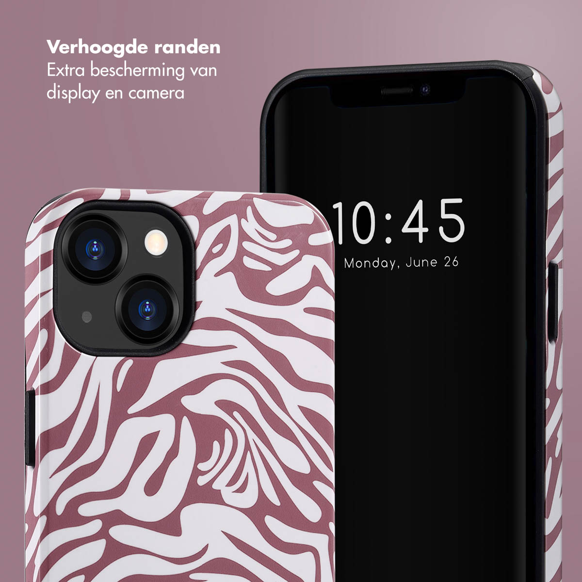 Telefon mit Zebramuster-Hülle, das die Uhrzeit anzeigt. Text auf Niederländisch. Das Telefon ist im Hintergrund.