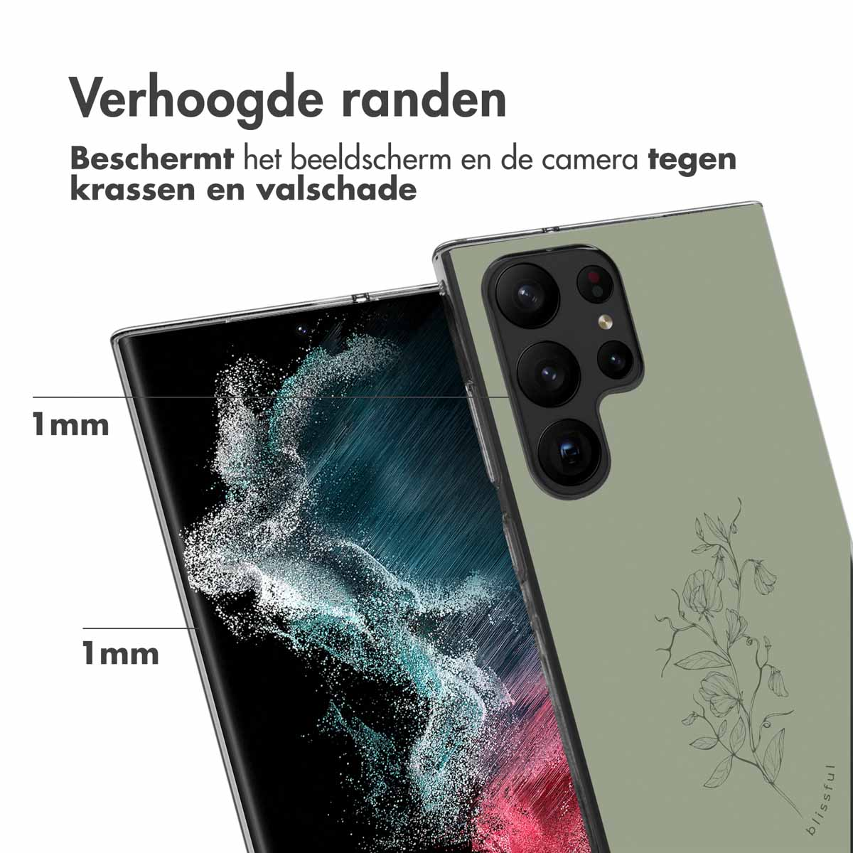Olivgrüne Handyhülle, Blumendesign. Telefonbildschirm sichtbar. 1 mm erhöhte Kanten.