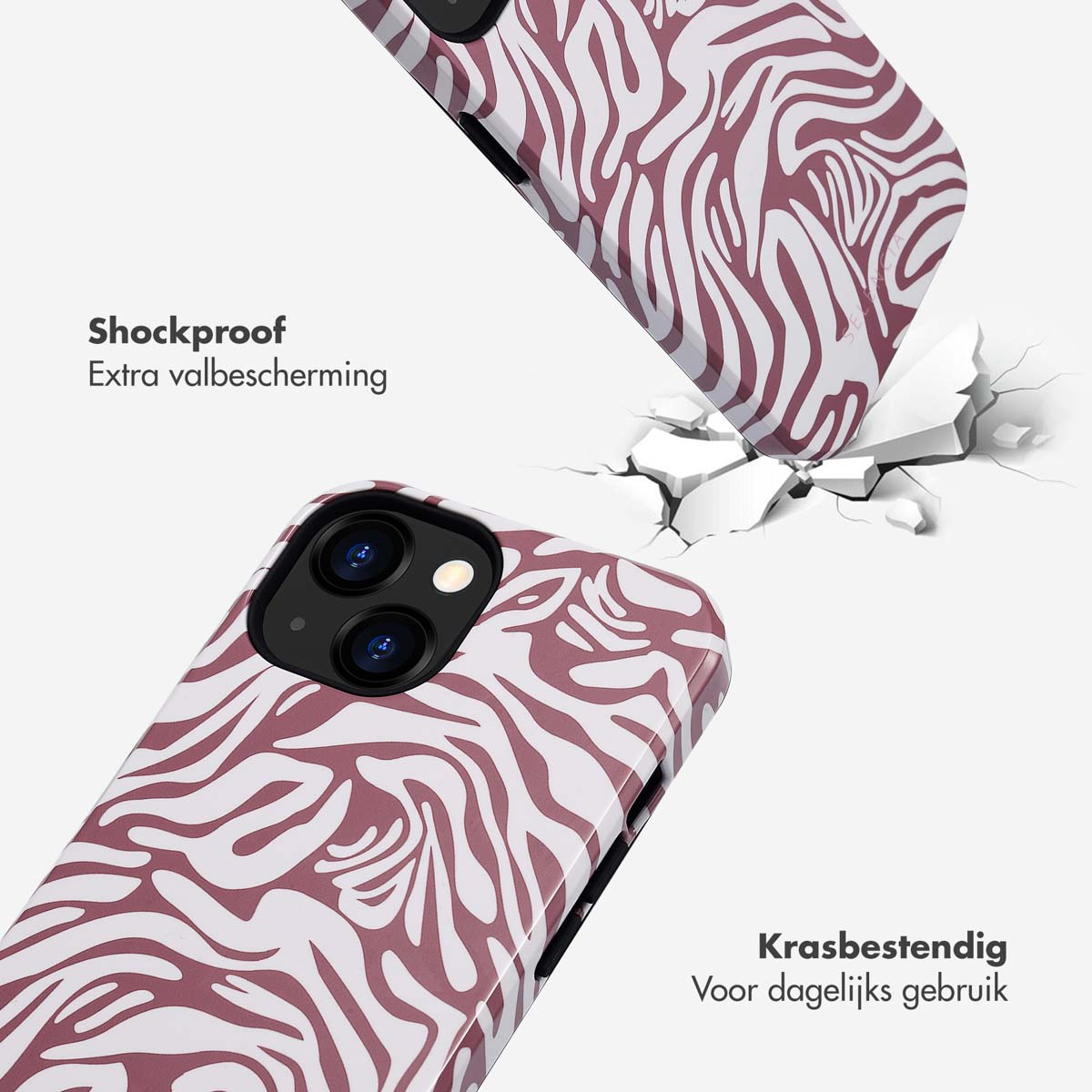 Zebramuster-Handyhülle zerspringt, das Telefon wird gezeigt. Text auf Niederländisch über Stoßfestigkeit und Kratzfestigkeit.