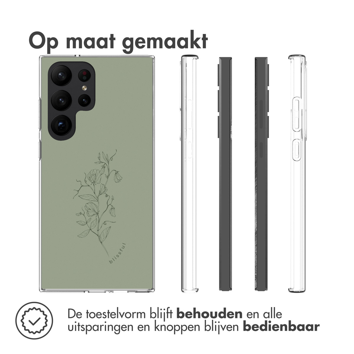 Handyhülle mit grünem Design. Das Design hat ein Blumenmuster. Das Telefon ist in der Hülle.
