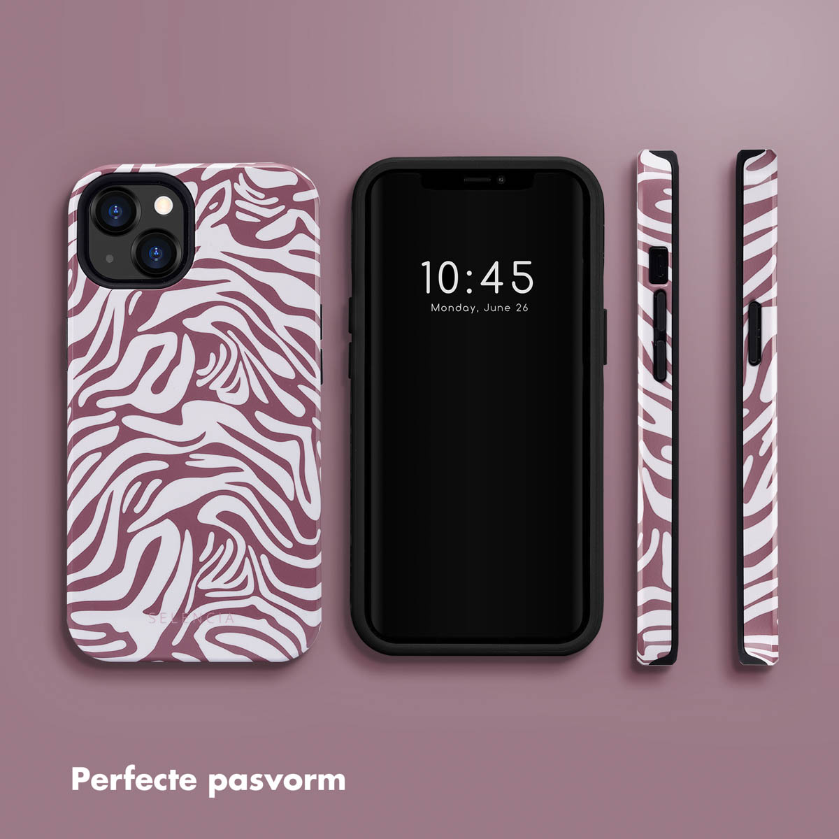 Telefon, Hülle und Seiten der Hülle mit Zebramuster. Das Telefon ist schwarz und zeigt die Uhrzeit an.
