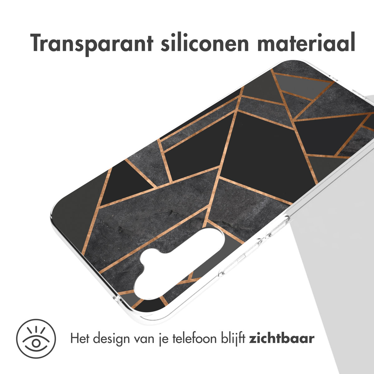 Transparante telefoonhoes met geometrisch design. Telefoon deels zichtbaar. Tekst: Transparant siliconen materiaal.