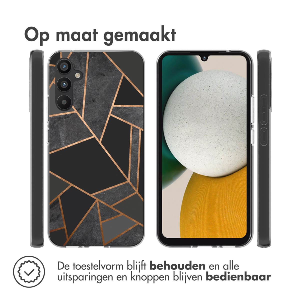 Een telefoonhoesje met geometrisch patroon op een telefoon. De telefoon zit in de hoes. De hoes is zichtbaar.