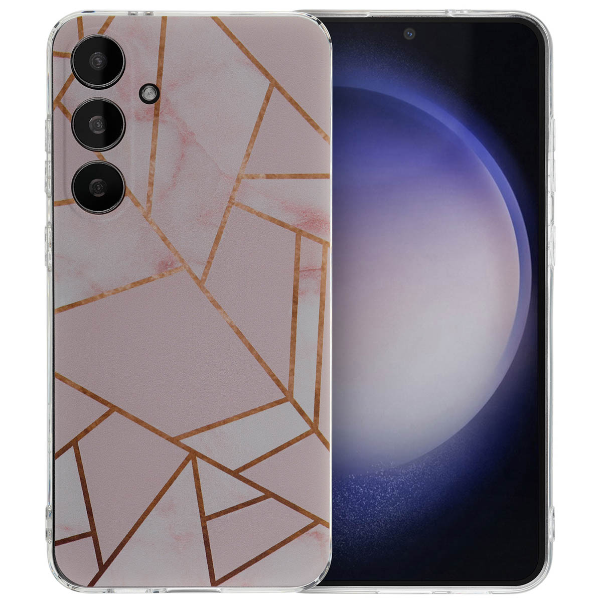 Coque de téléphone avec un design en marbre rose et des lignes dorées. Un téléphone à droite.