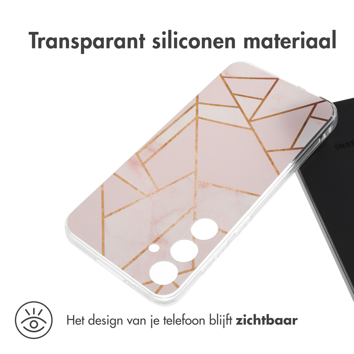 Coque de téléphone transparente avec un motif de marbre rose. Le téléphone est dans l'étui.