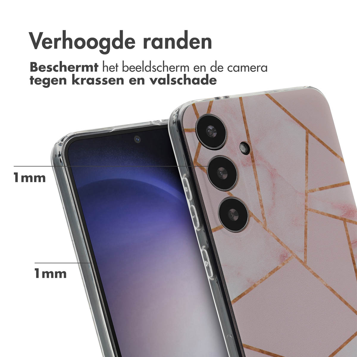 Coque de téléphone avec un motif marbré. Le téléphone est dedans. Le fond est blanc.