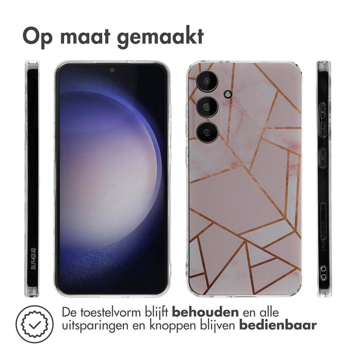Téléphone avec coque à motif marbre. La coque est rose et dorée et a un design géométrique.