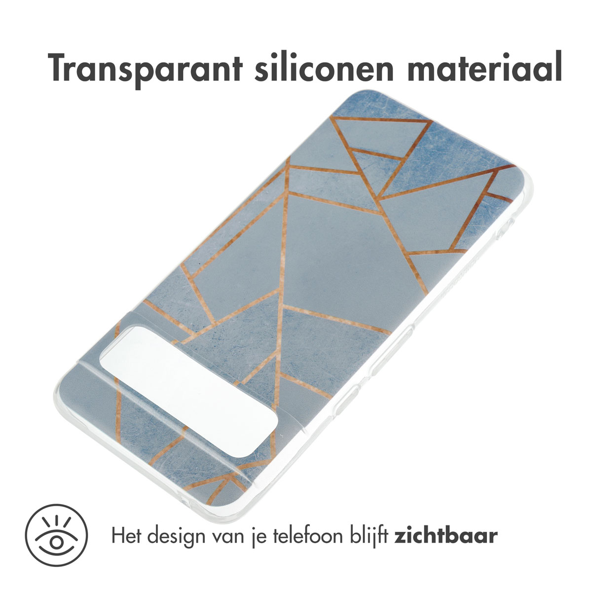 Coque de téléphone avec un design géométrique bleu et or. Téléphone à l'intérieur. Fond blanc.