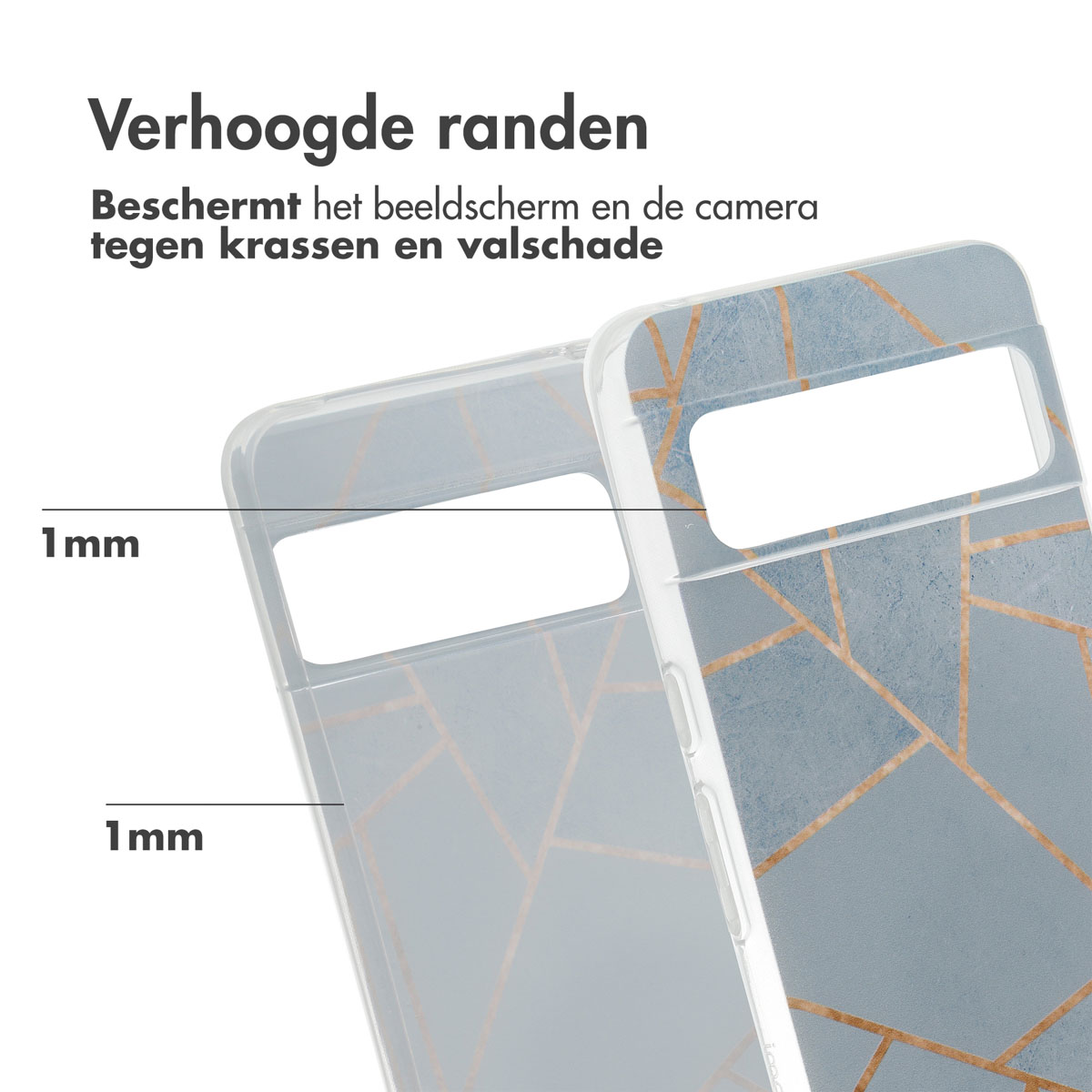 Coque de téléphone avec un motif géométrique gris et or, avec des bords surélevés. Le téléphone est visible.