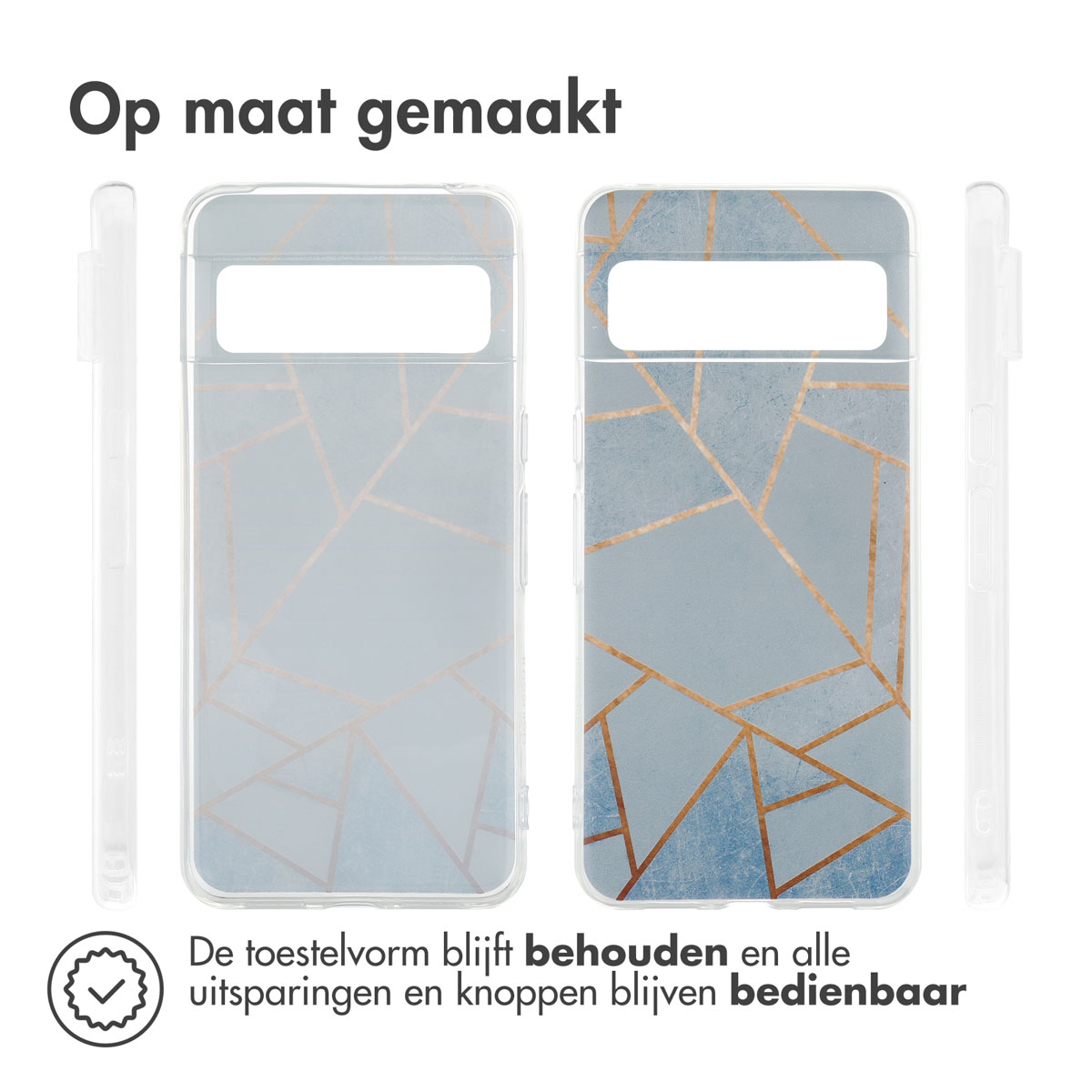 Coques transparentes montrant des formes de téléphone. Le texte mentionne que la forme et les boutons restent utilisables.